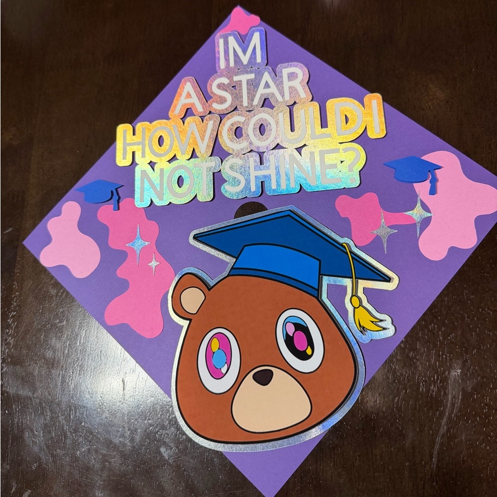 Purple Graduation Cap topper with Kanye Bear and Holographic Text